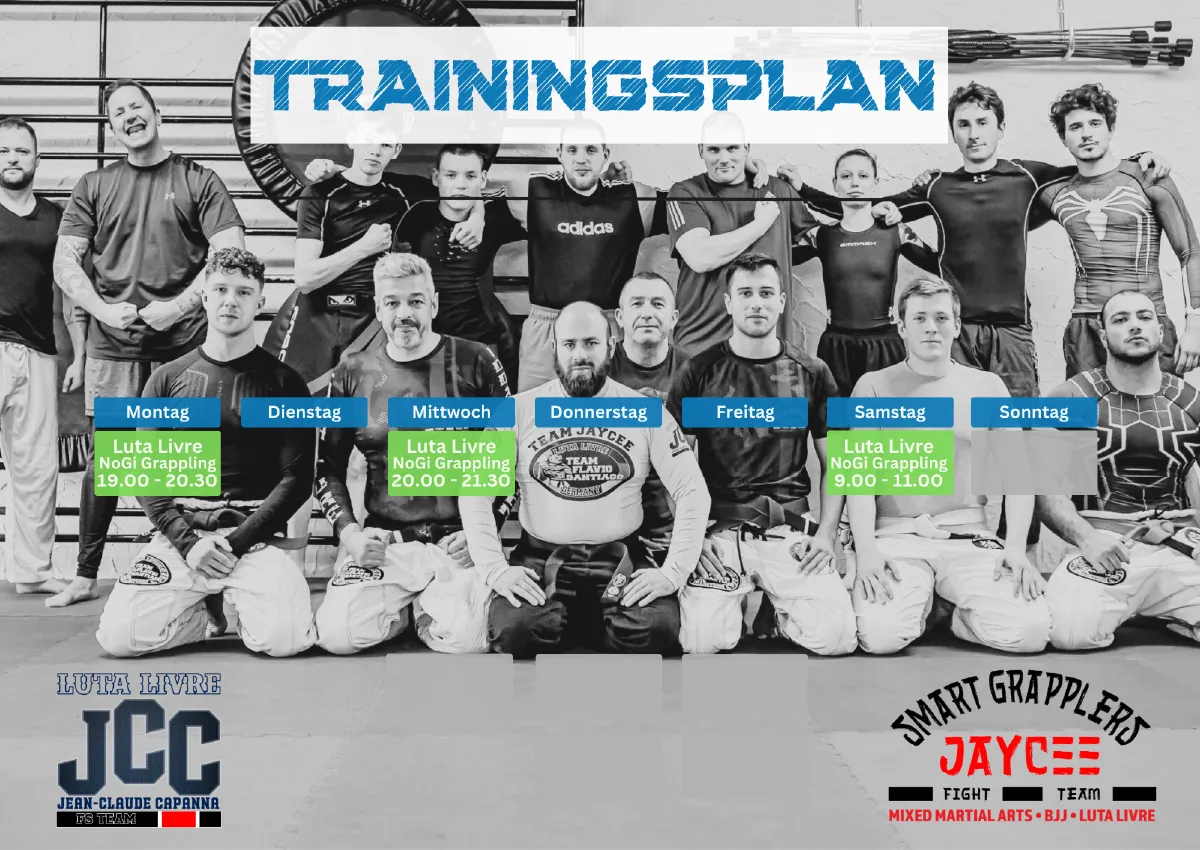 Kursplan Smart Grapplers Jaycee: Luta Livre – Montag 19:30–21:00, Mittwoch 20:00–21:30, Samstag 09:00–11:00 in Mülheim an der Ruhr.